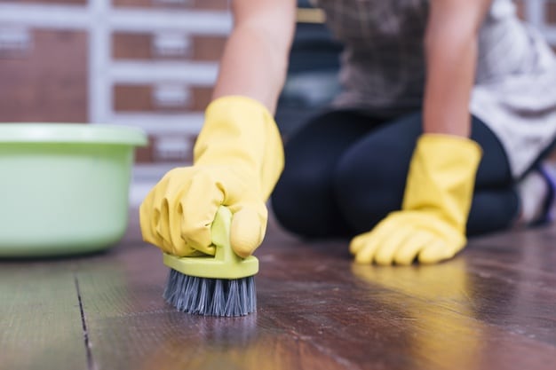 Female brushing hardwooden floor