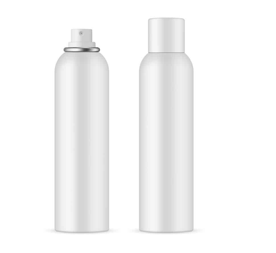 two grey bottles of hairspray in front of a white background