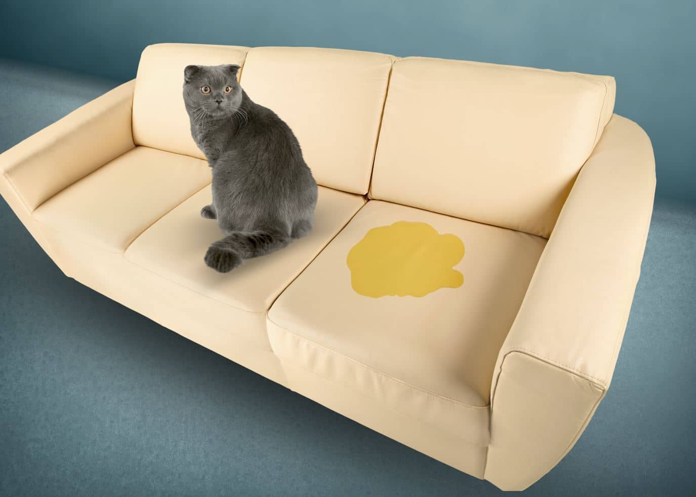 cat sitting next to pee on a yellow leather couch